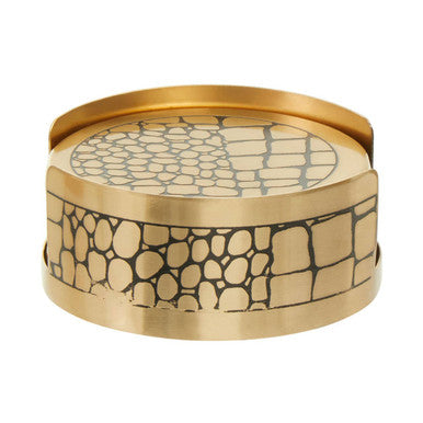 Set of 4 Gold Finish Croc Pattern Coasters and Holder