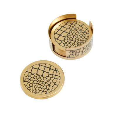 Set of 4 Gold Finish Croc Pattern Coasters and Holder