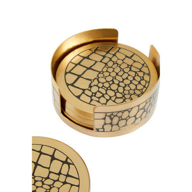 Set of 4 Gold Finish Croc Pattern Coasters and Holder