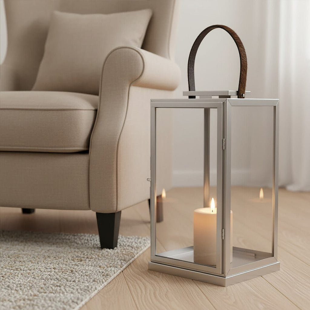 Large Silver Steel with Hair on Leather Handle Lantern