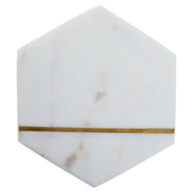 Set of 4 White Marble Hexagonal Coasters with Brass Inlay