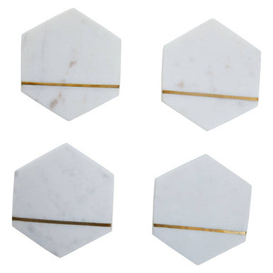 Set of 4 White Marble Hexagonal Coasters with Brass Inlay