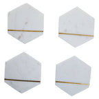 Set of 4 White Marble Hexagonal Coasters with Brass Inlay