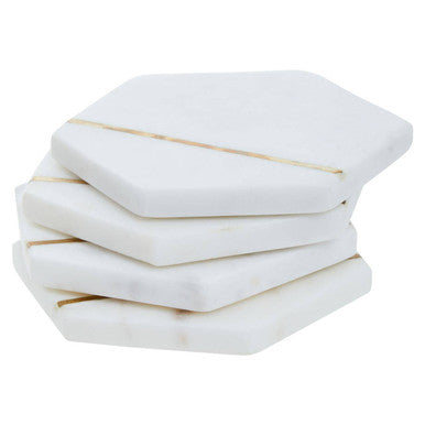 Set of 4 White Marble Hexagonal Coasters with Brass Inlay