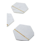 Set of 4 White Marble Hexagonal Coasters with Brass Inlay