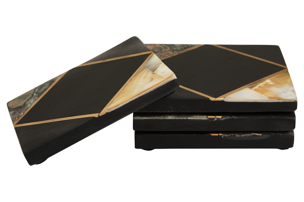 Set of 4 Black Slate and Mother of Pearl Inlay Coasters
