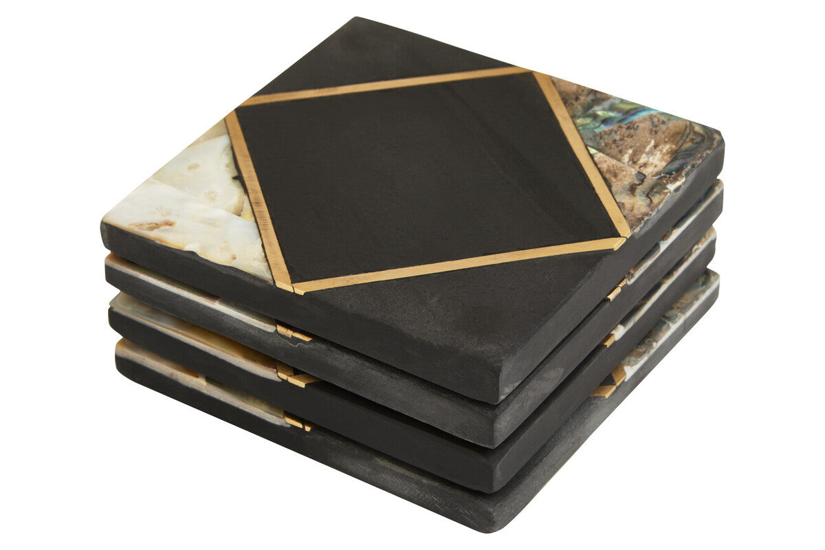 Set of 4 Black Slate and Mother of Pearl Inlay Coasters