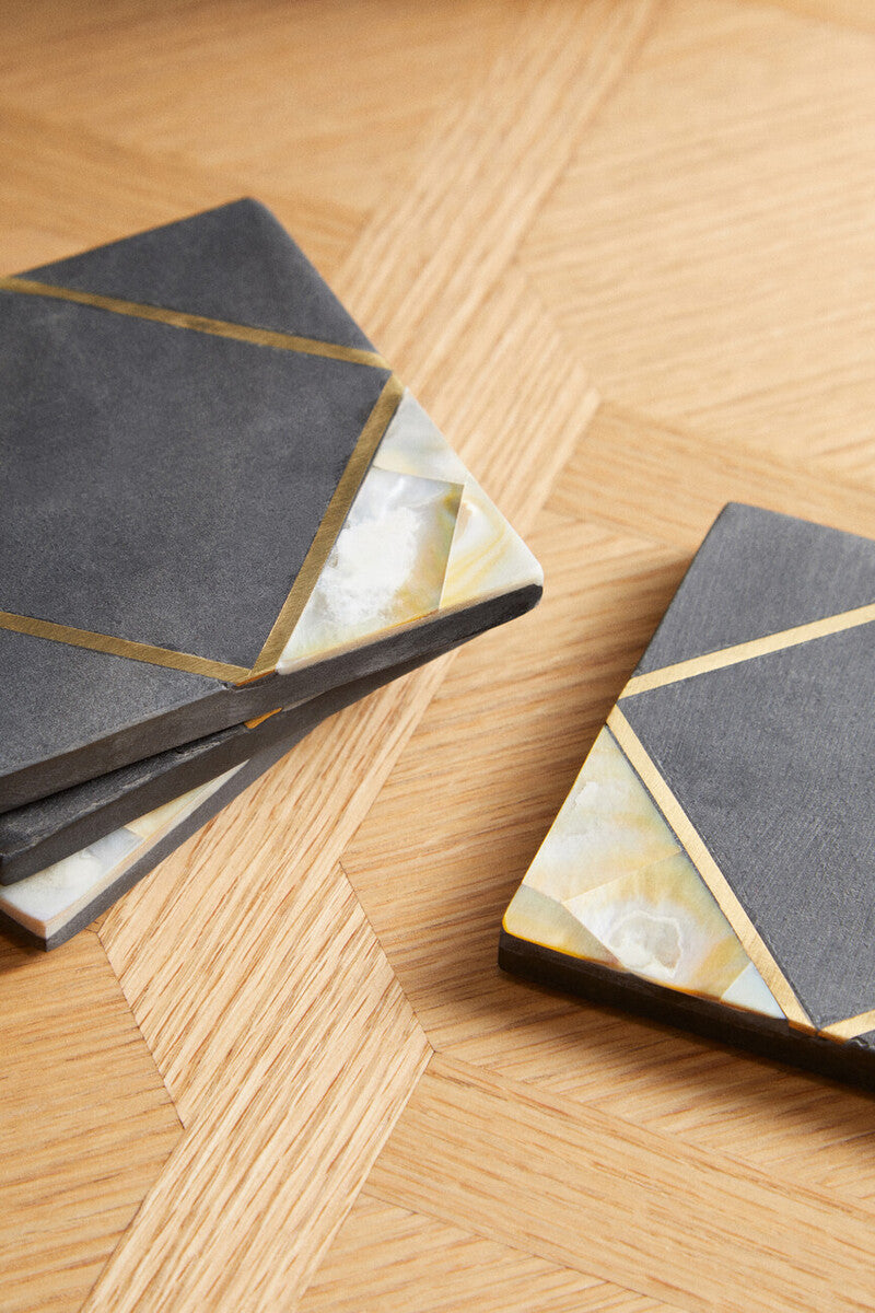 Set of 4 Black Slate and Mother of Pearl Inlay Coasters