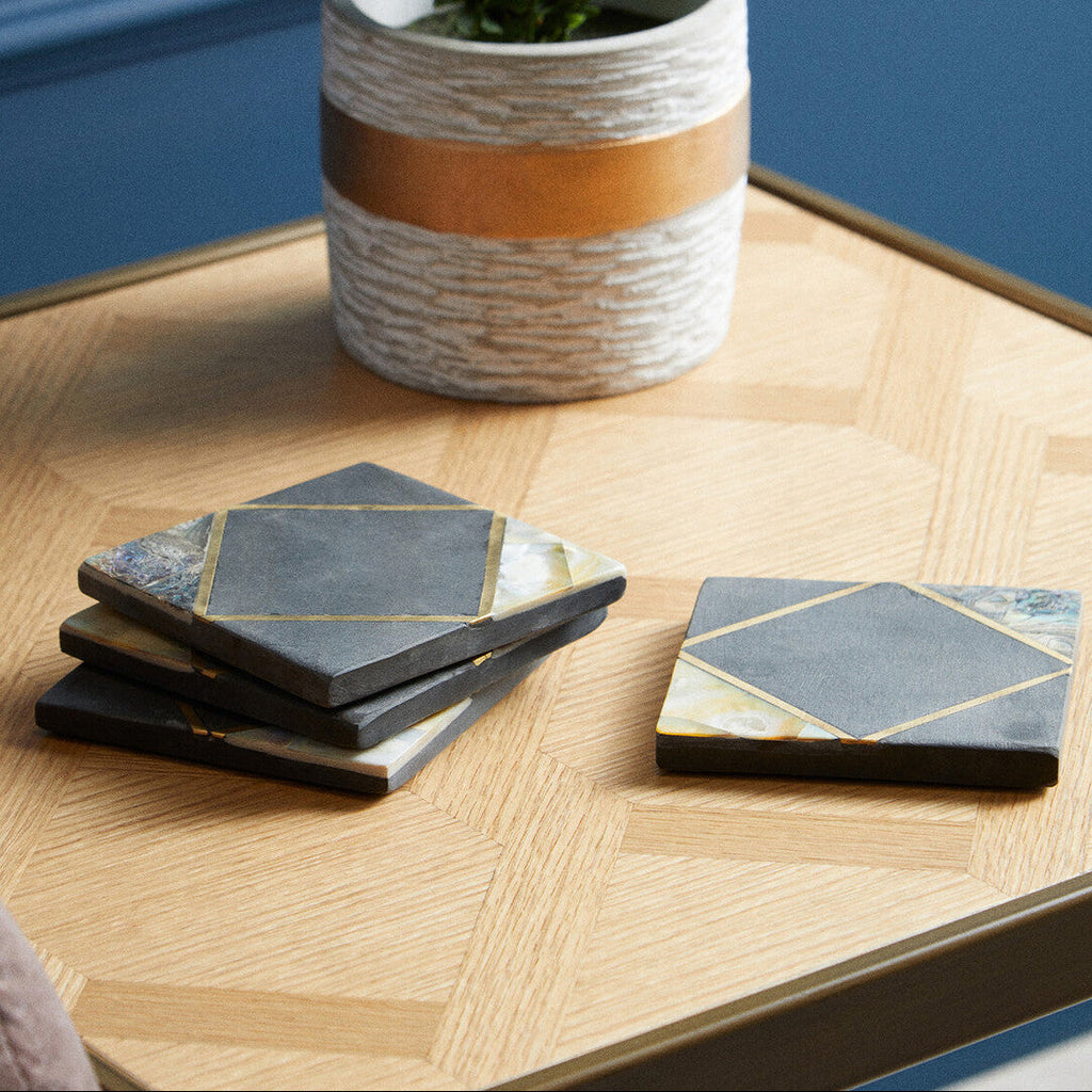 Set of 4 Black Slate and Mother of Pearl Inlay Coasters