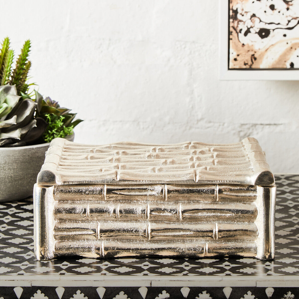 Small Silver Finish Bamboo Effect Trinket Box