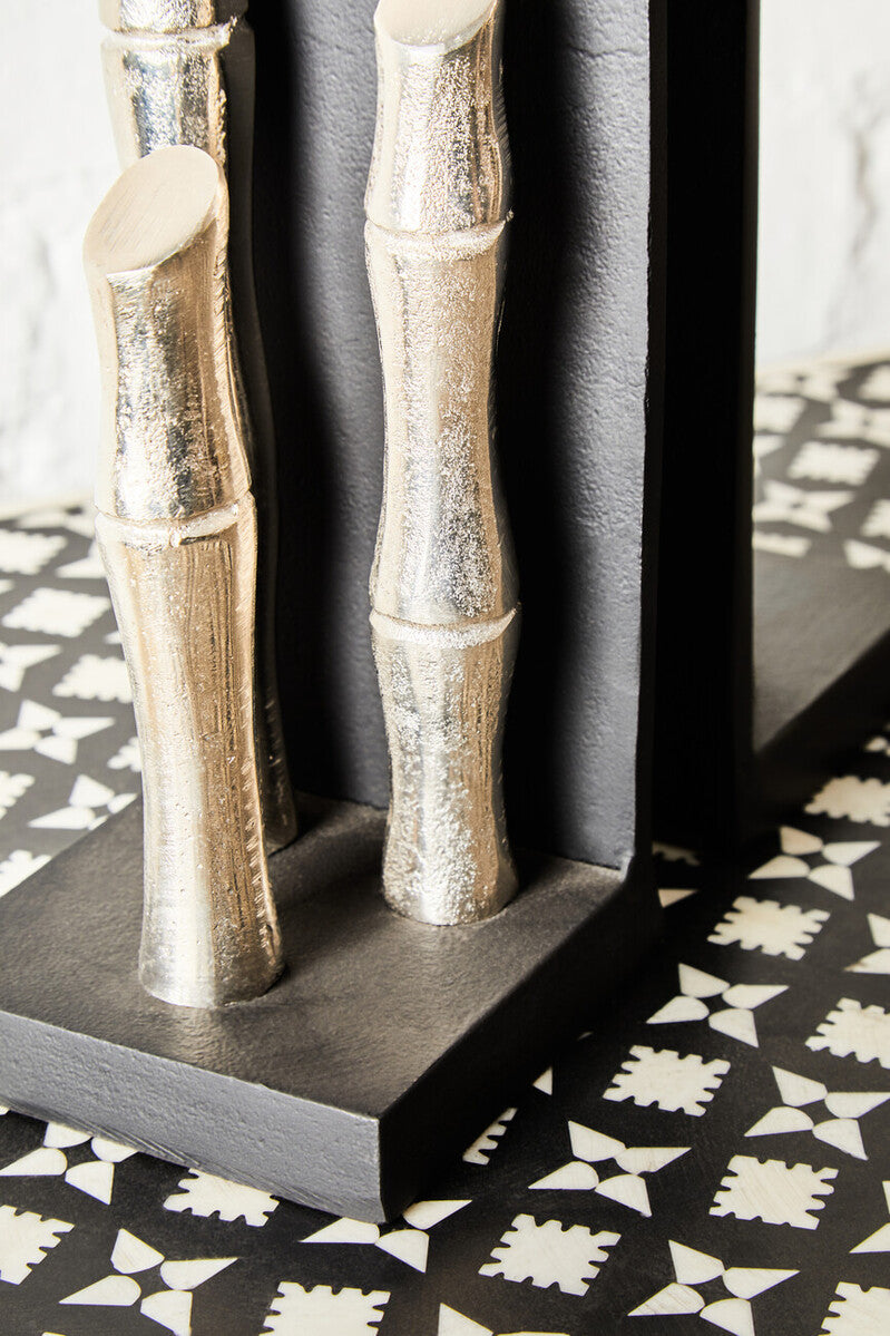 Set of Two Silver Finish Bamboo Effect Bookends