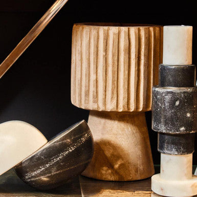 Natural Engraved Wood Vase with Pedestal Base