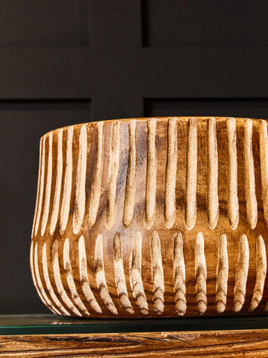 Brown and Natural Large Engraved Wood Planter