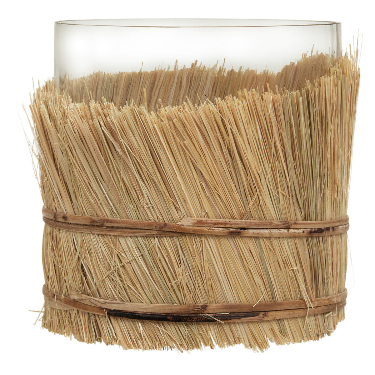 Natural Small Glass Candle Holder with Raffia Wrap