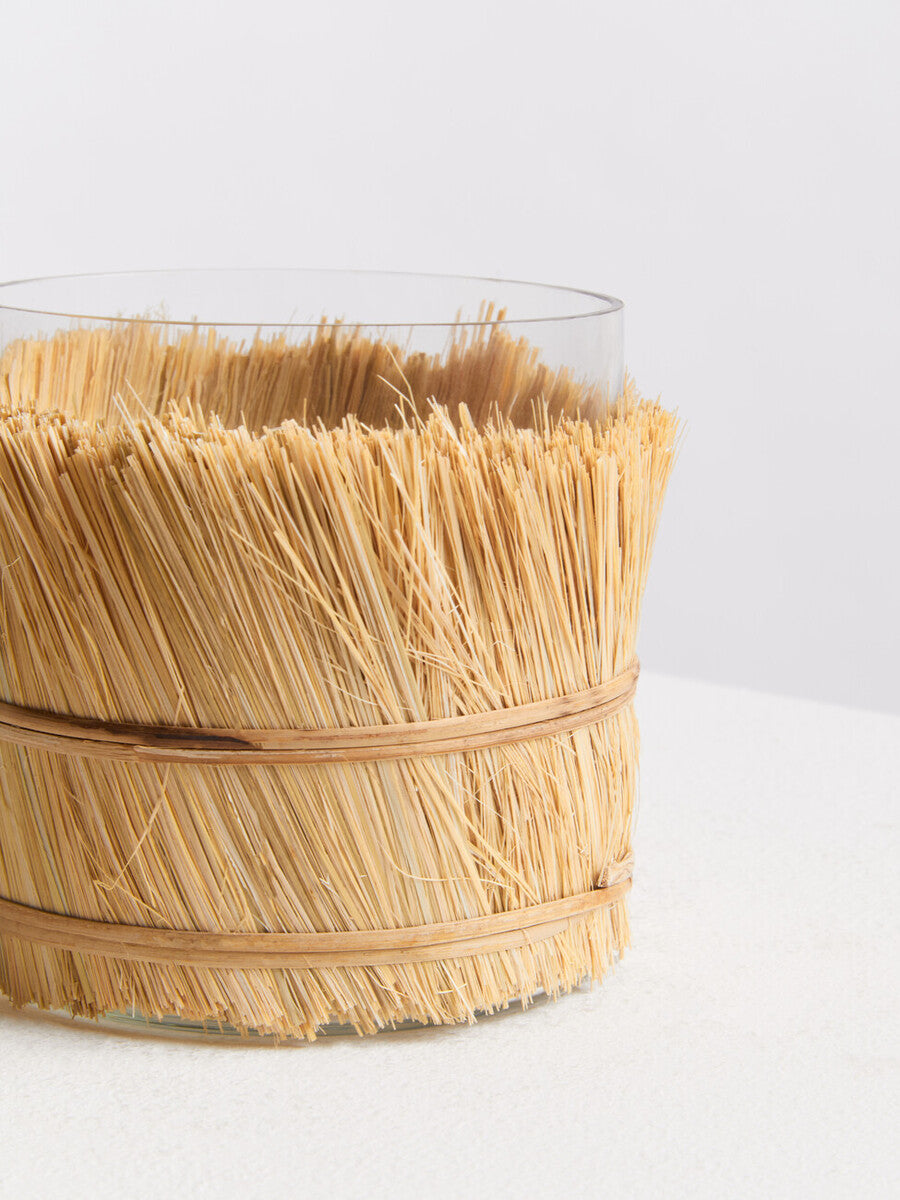 Natural Small Glass Candle Holder with Raffia Wrap