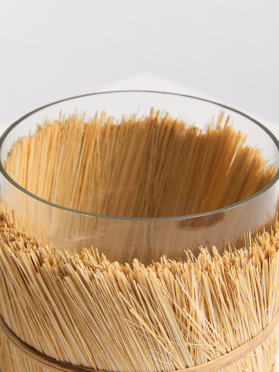 Natural Small Glass Candle Holder with Raffia Wrap