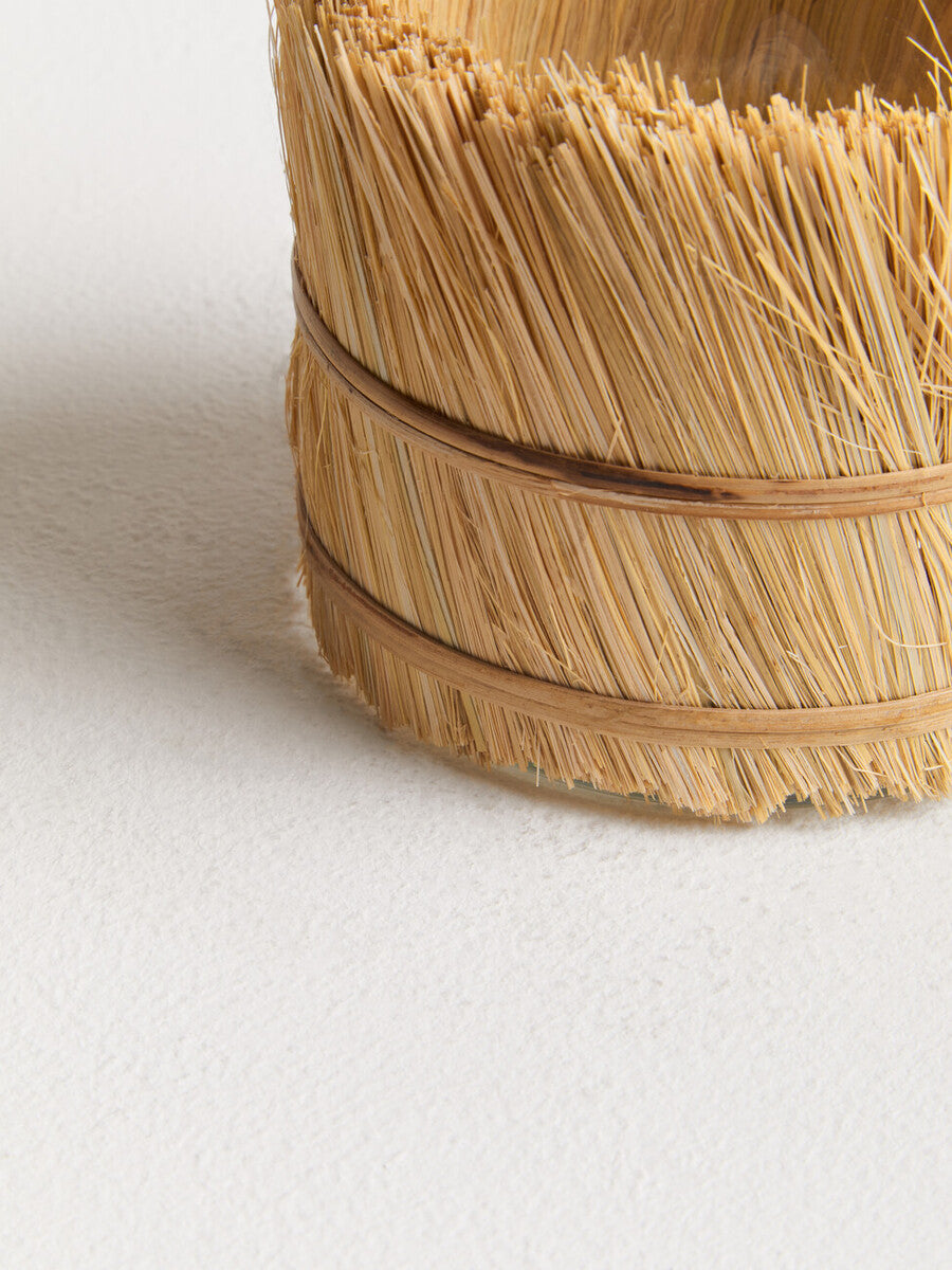 Natural Small Glass Candle Holder with Raffia Wrap