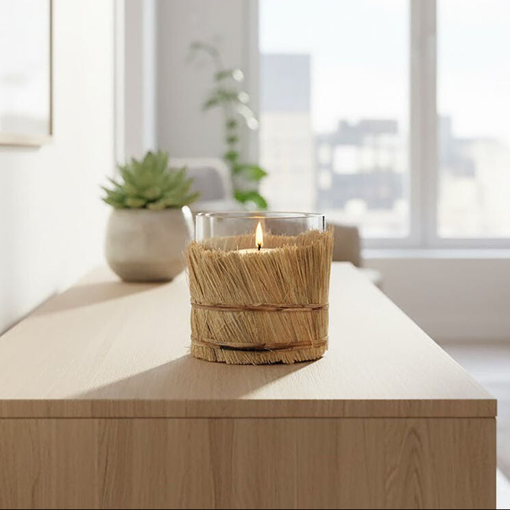 Natural Small Glass Candle Holder with Raffia Wrap