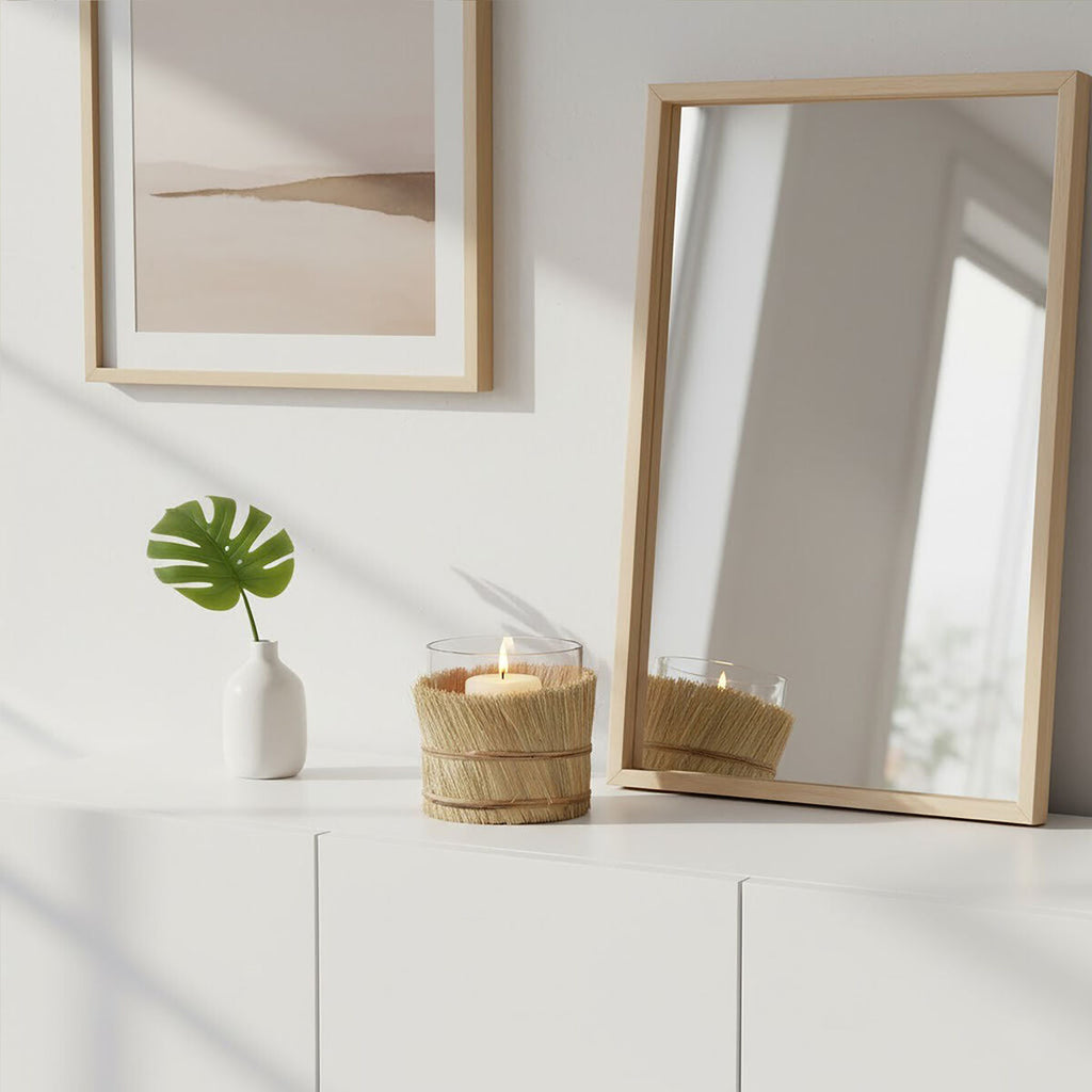 Natural Small Glass Candle Holder with Raffia Wrap