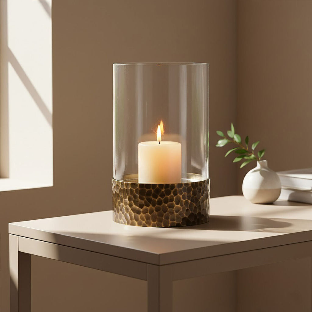 Antique Gold Finish and Glass Large Hurricane Candle Holder