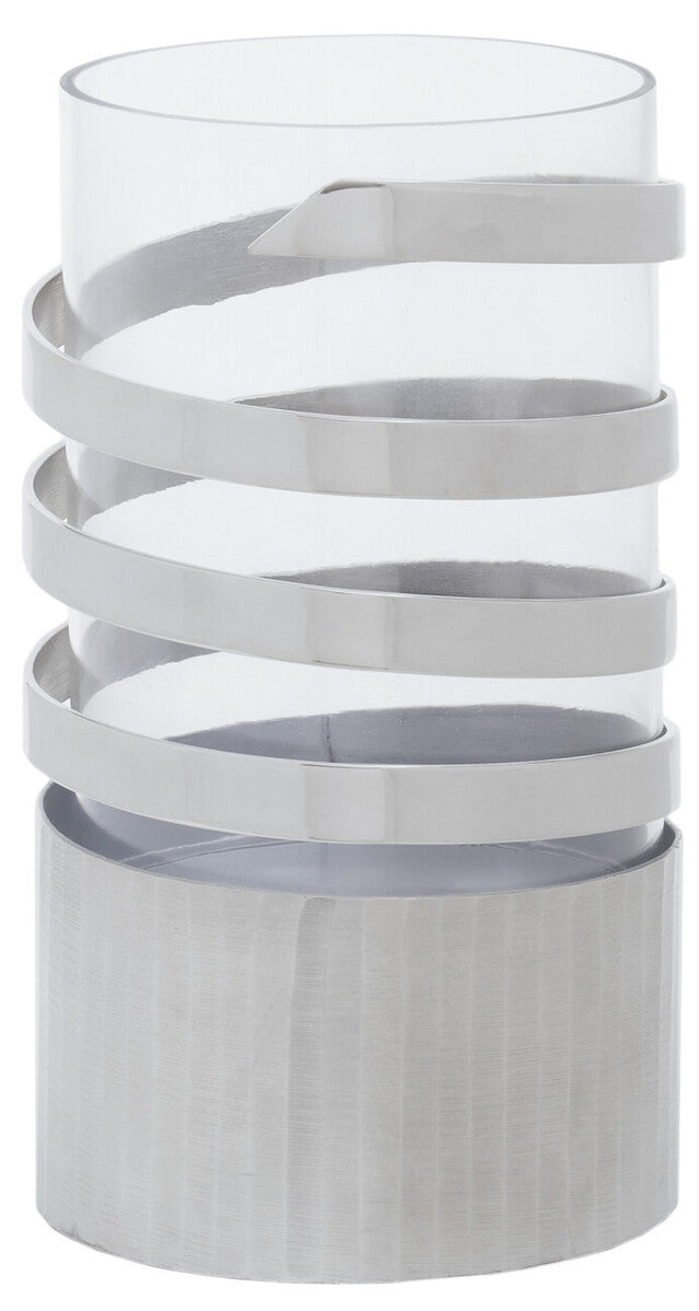 Silver Metal and Glass Large Hurricane Candle Holder with Spiral Design