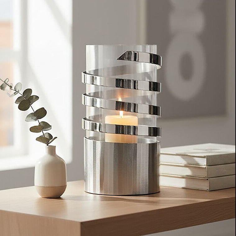 Silver Metal and Glass Large Hurricane Candle Holder with Spiral Design