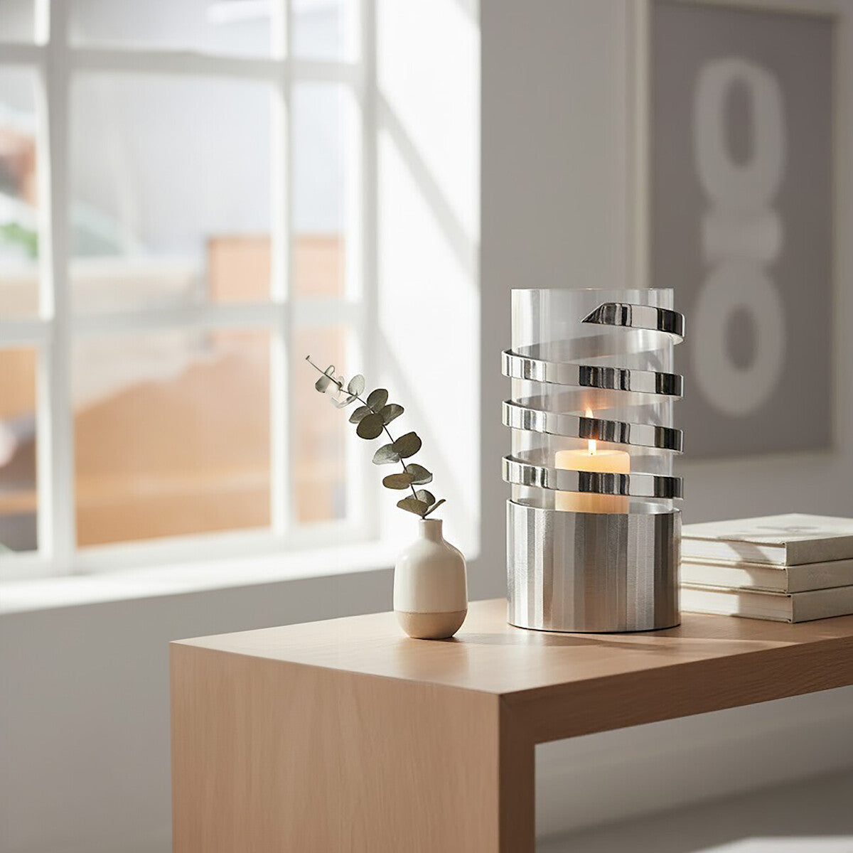 Silver Metal and Glass Large Hurricane Candle Holder with Spiral Design