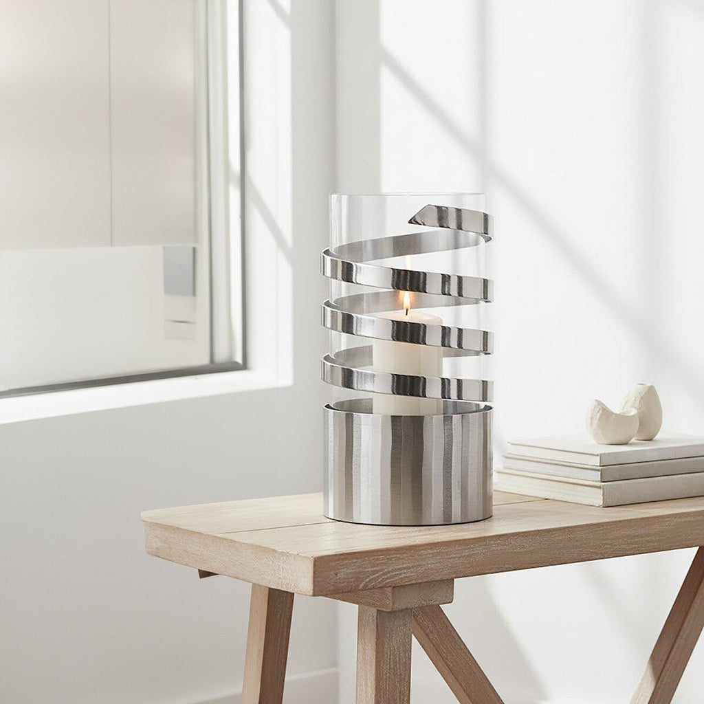 Silver Metal and Glass Large Hurricane Candle Holder with Spiral Design