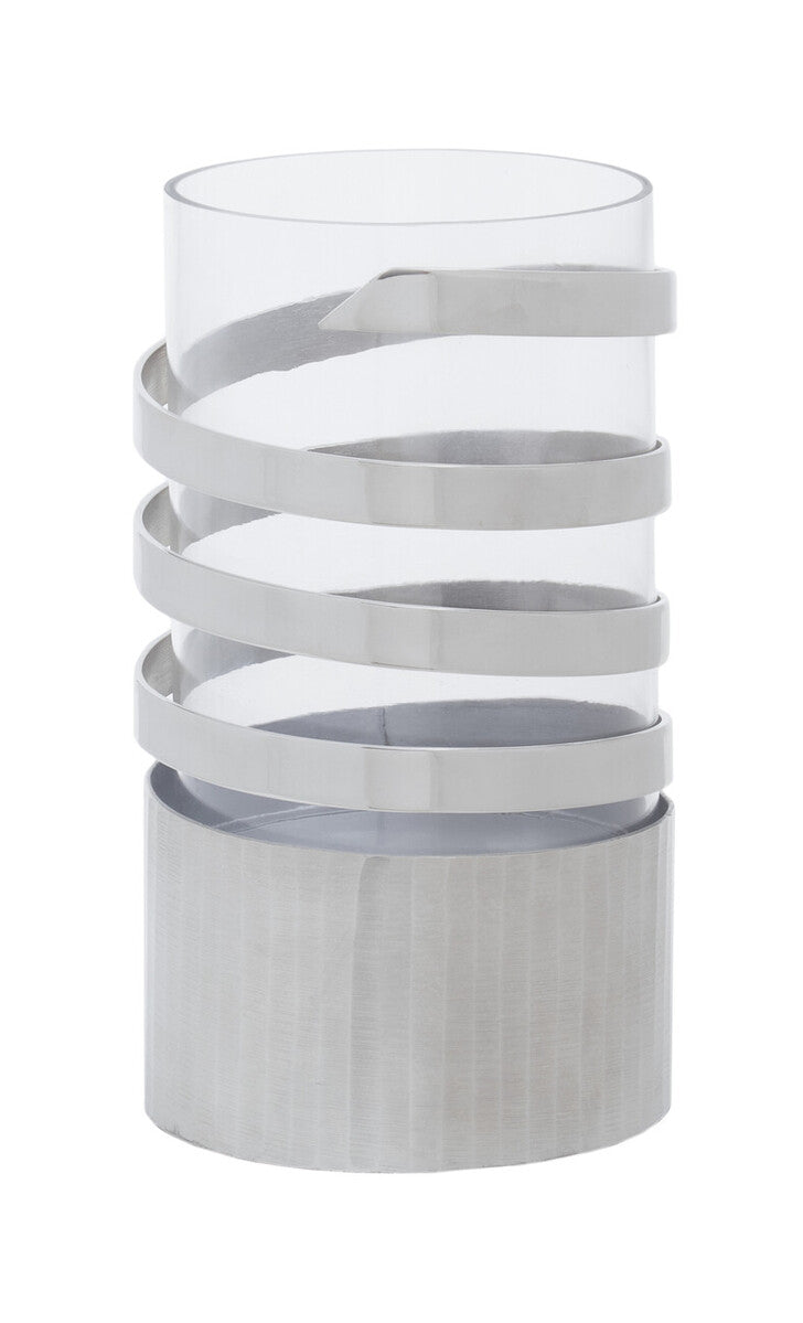 Silver Metal and Glass Small Hurricane Candle Holder with Spiral Design