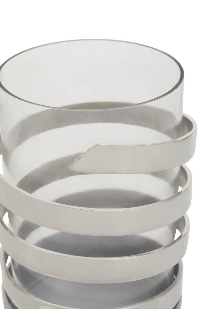 Silver Metal and Glass Small Hurricane Candle Holder with Spiral Design