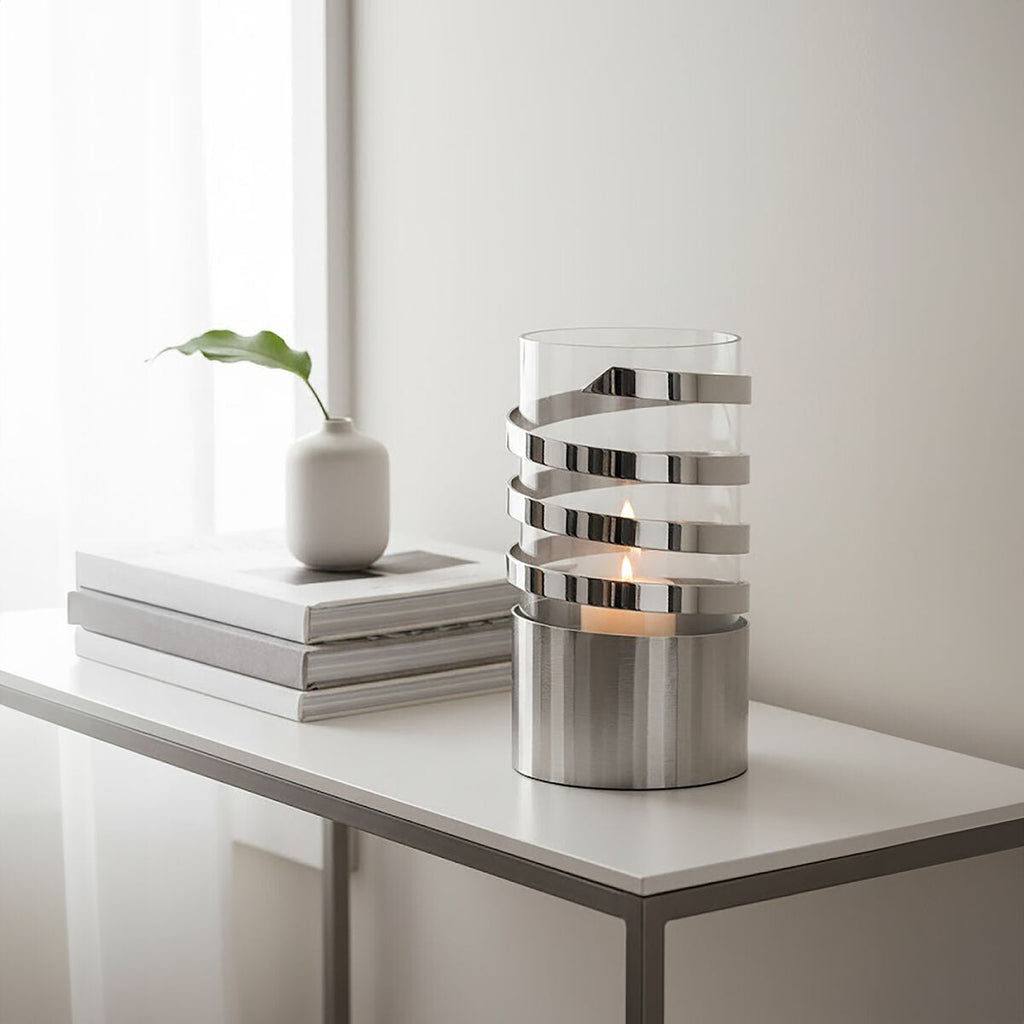 Silver Metal and Glass Small Hurricane Candle Holder with Spiral Design
