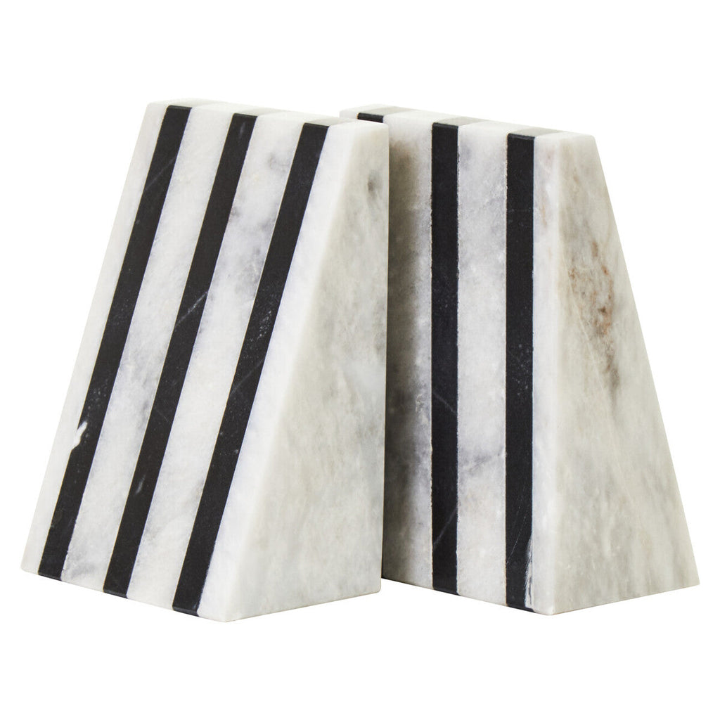 Set of Two Striped White Marble Bookends