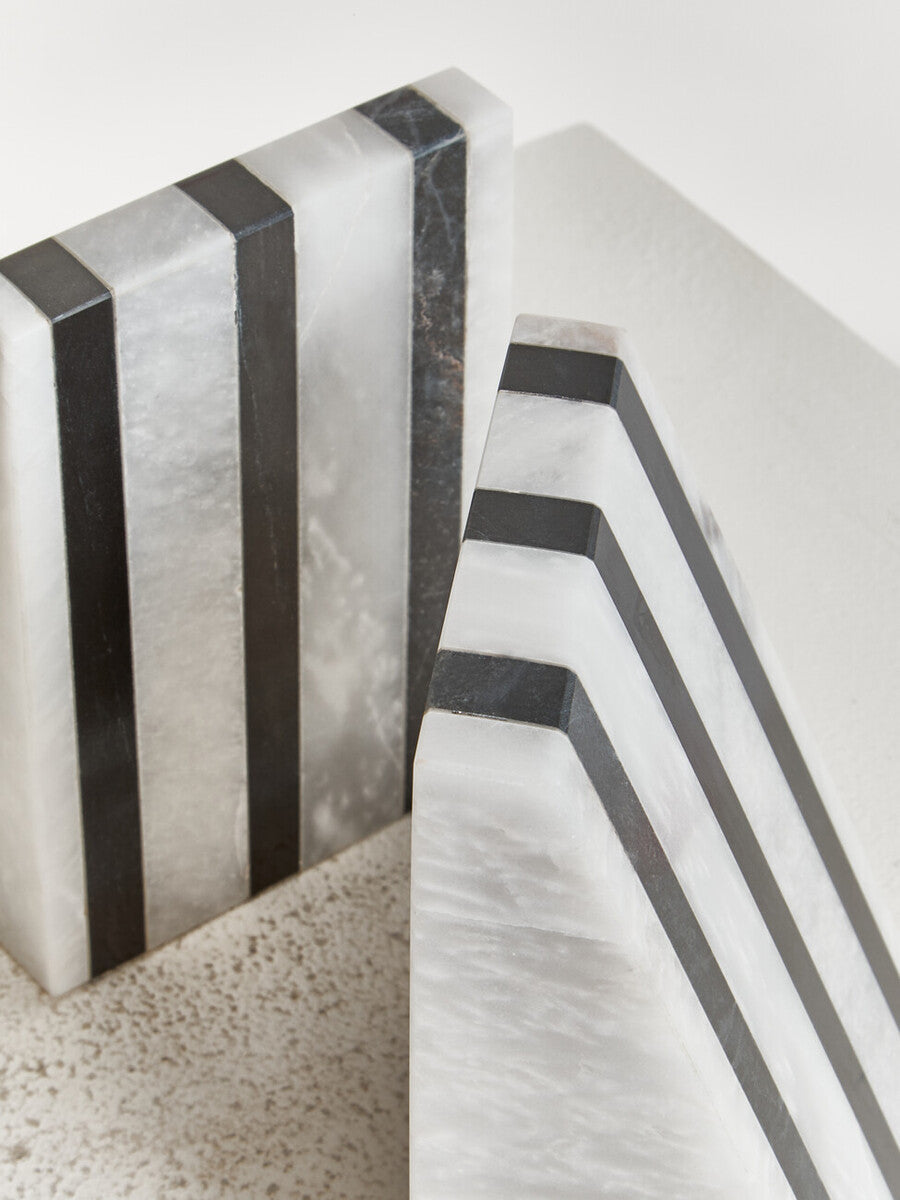 Set of Two Striped White Marble Bookends