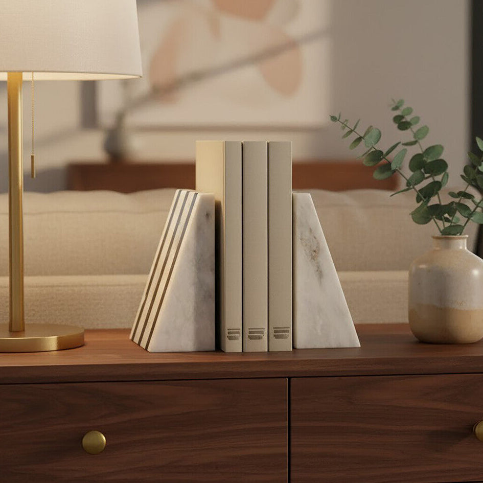 Set of Two Striped White Marble Bookends
