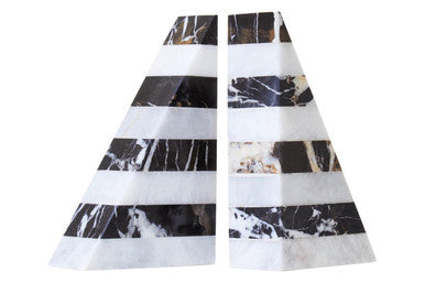 Set of Two Black and White Striped Marble Bookends