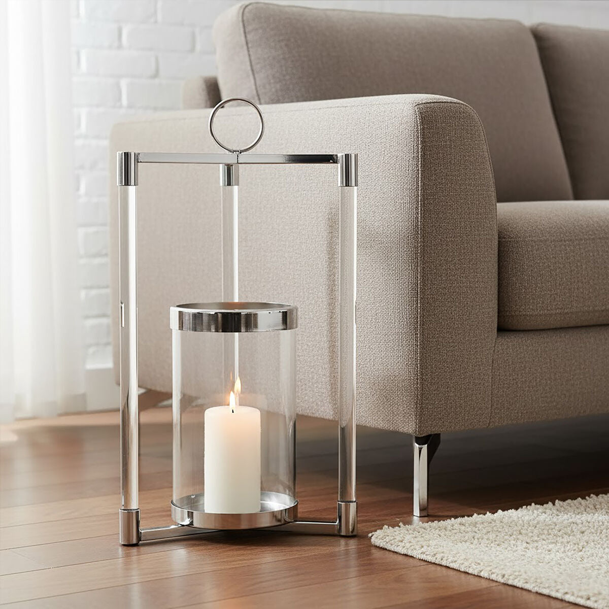 Small Silver Finish Glass Pillar Lantern