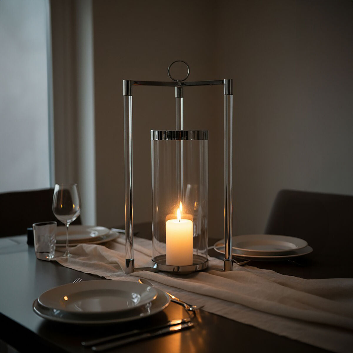 Large Silver Finish Glass Pillar Lantern