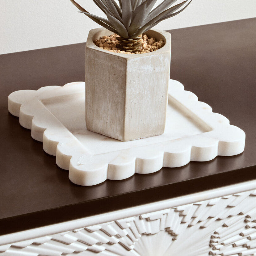 White Marble Square Small Tray with Scallop Edges