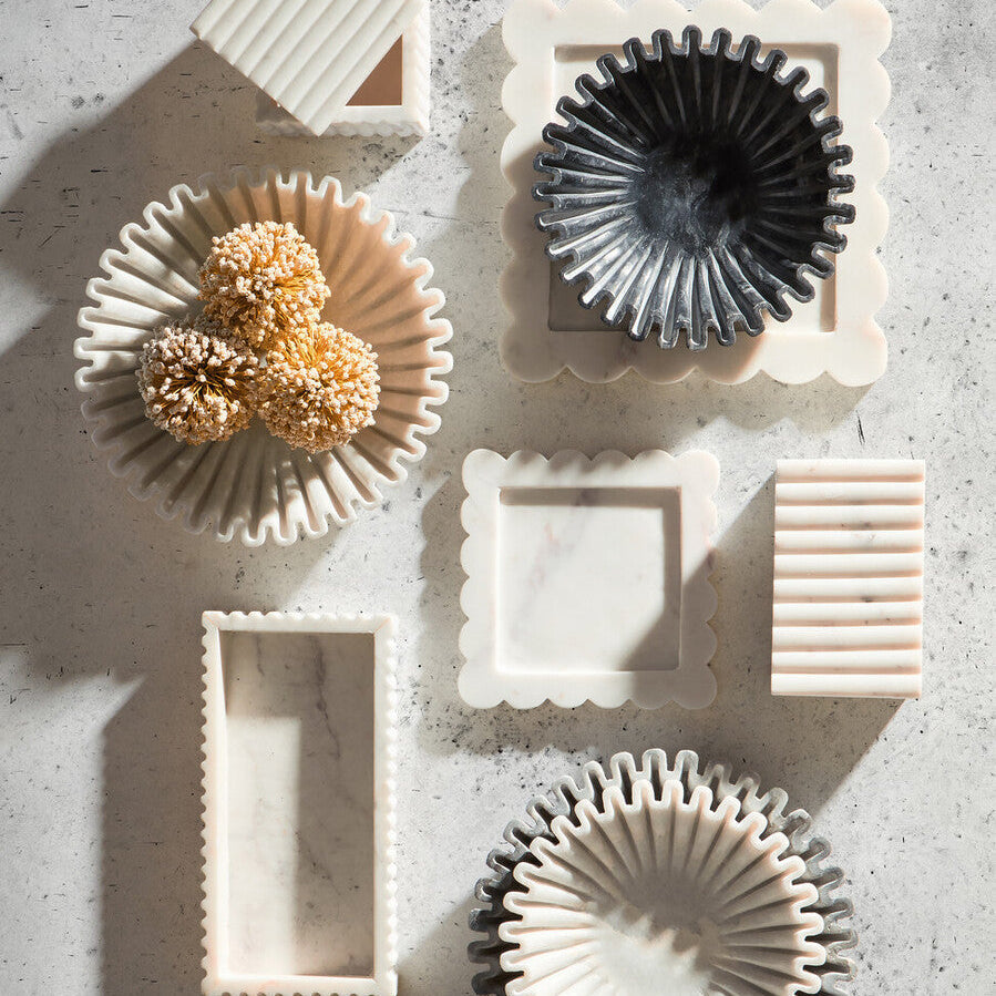 Rectangular White Fluted Marble Tray