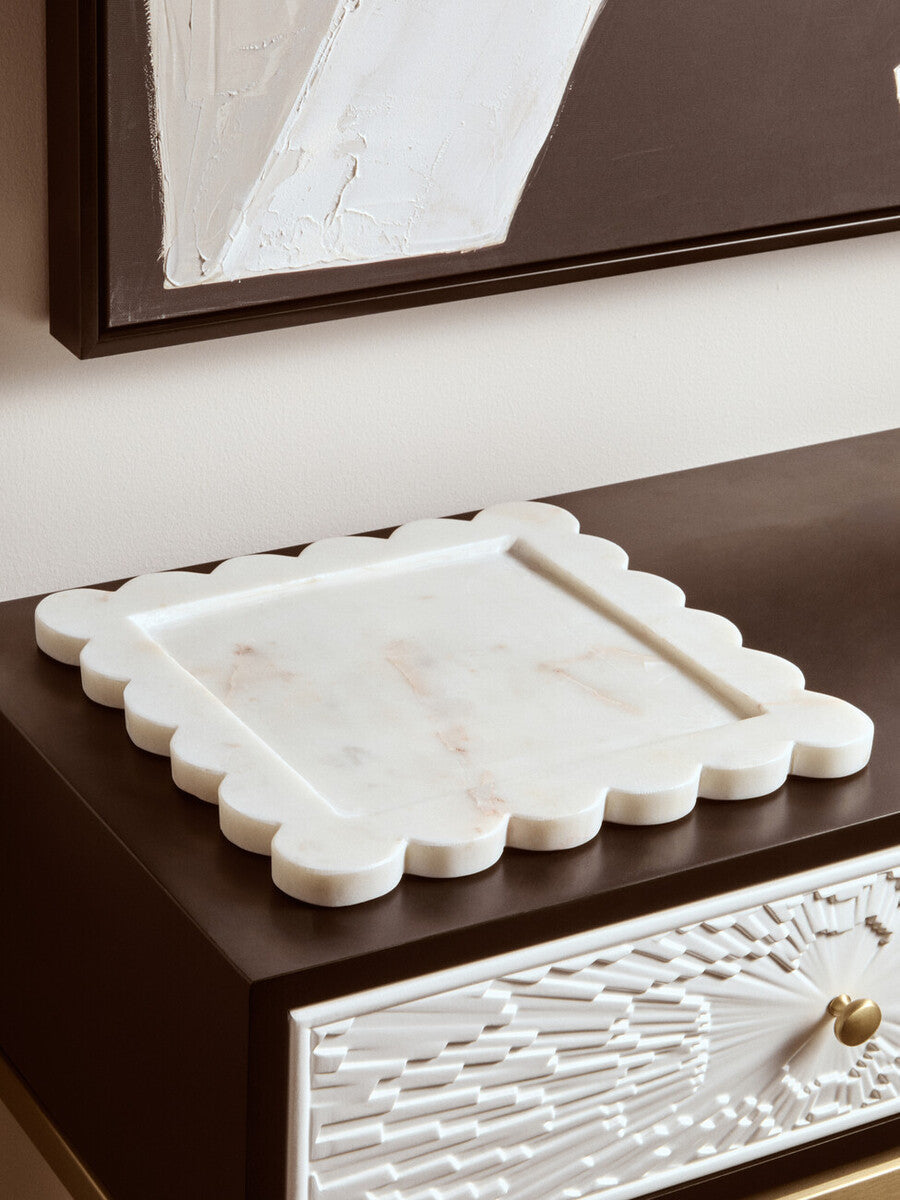 White Marble Square Large Tray with Scallop Edges