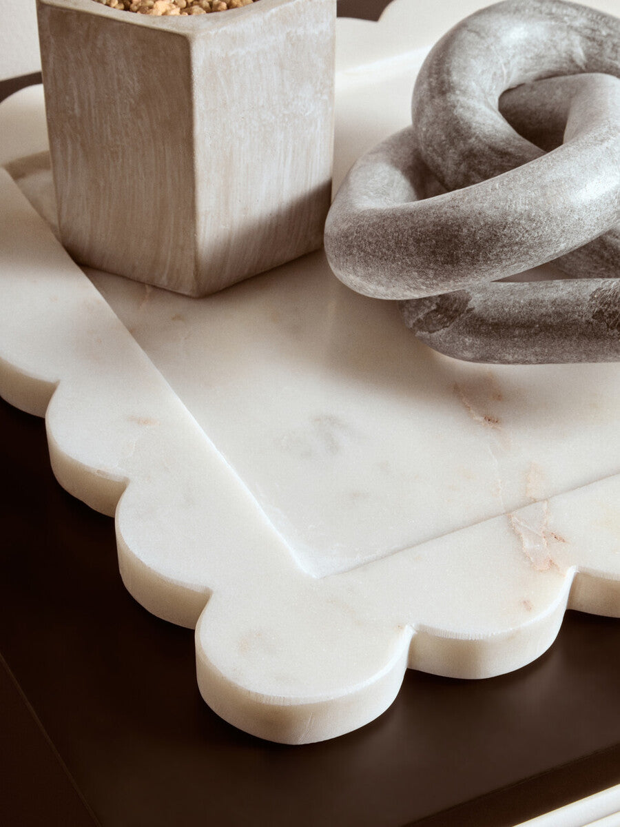 White Marble Square Large Tray with Scallop Edges