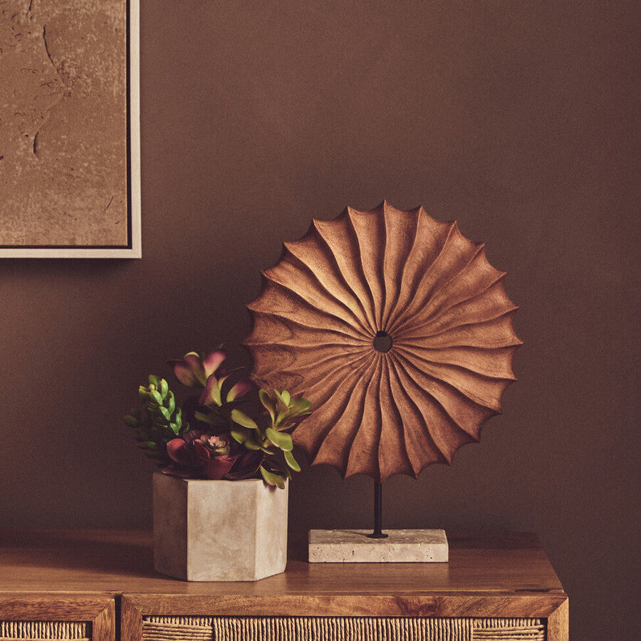 Natural Wood Round Sculpture with Travertine Base