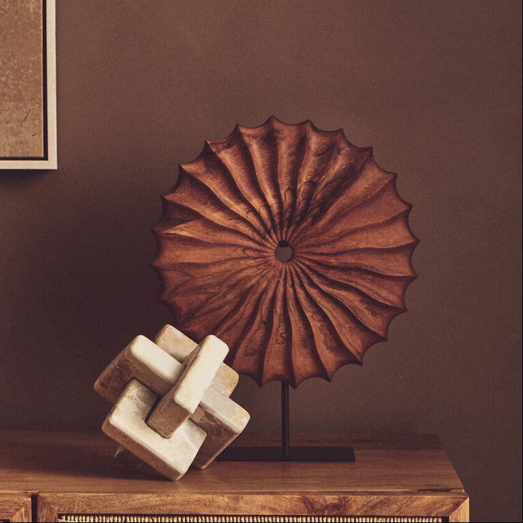 Brown Wood Round Sculpture with Black Base