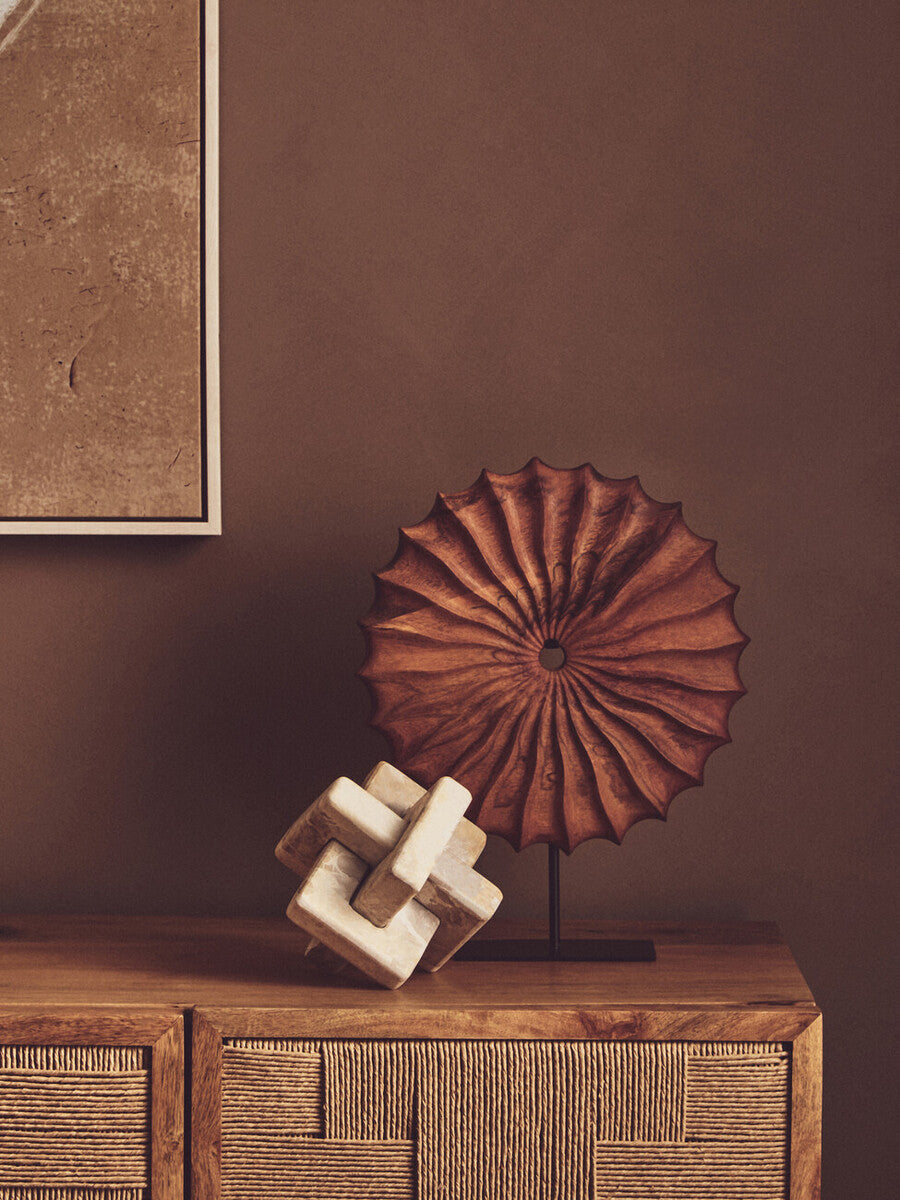 Brown Wood Round Sculpture with Black Base