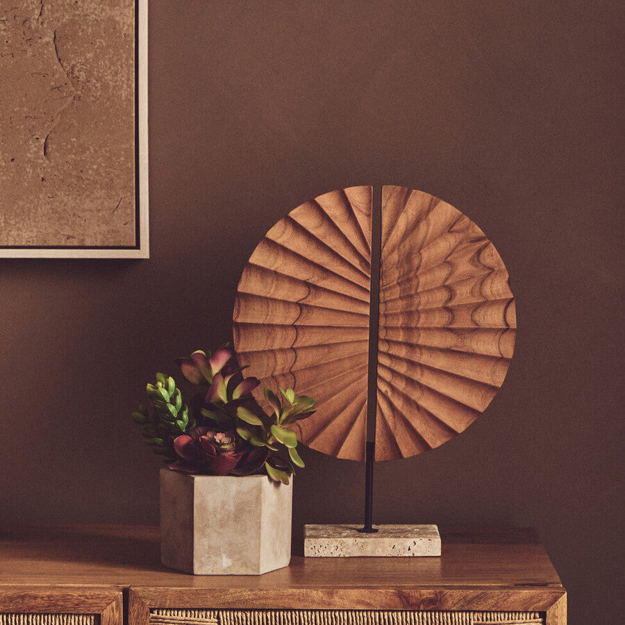 Natural Wood Sculpture with Travertine Base
