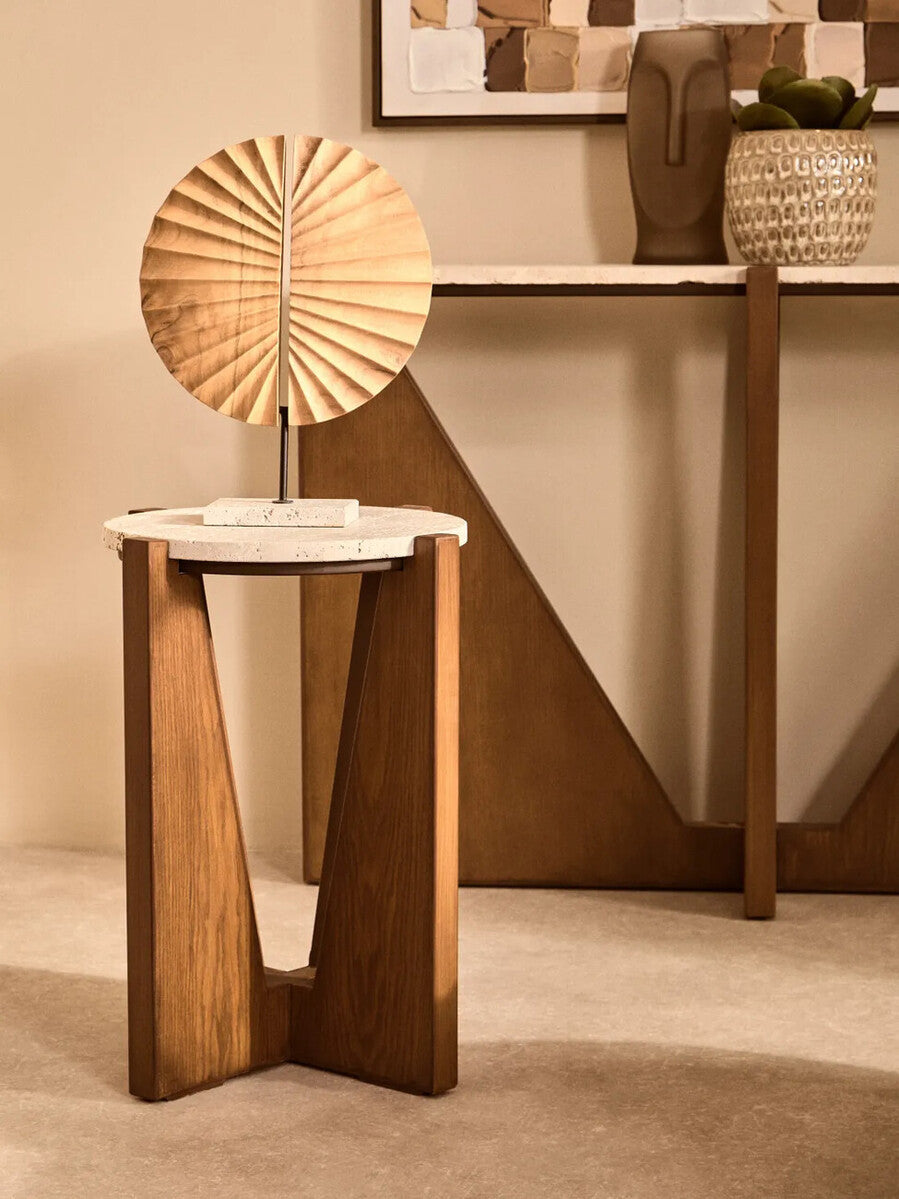 Natural Wood Sculpture with Travertine Base
