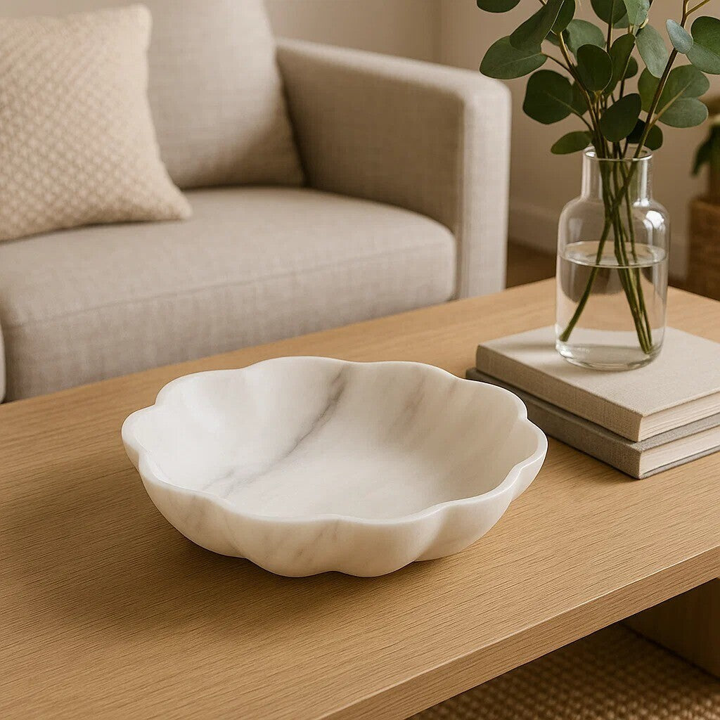 Medium White Marble Scalloped Bowl