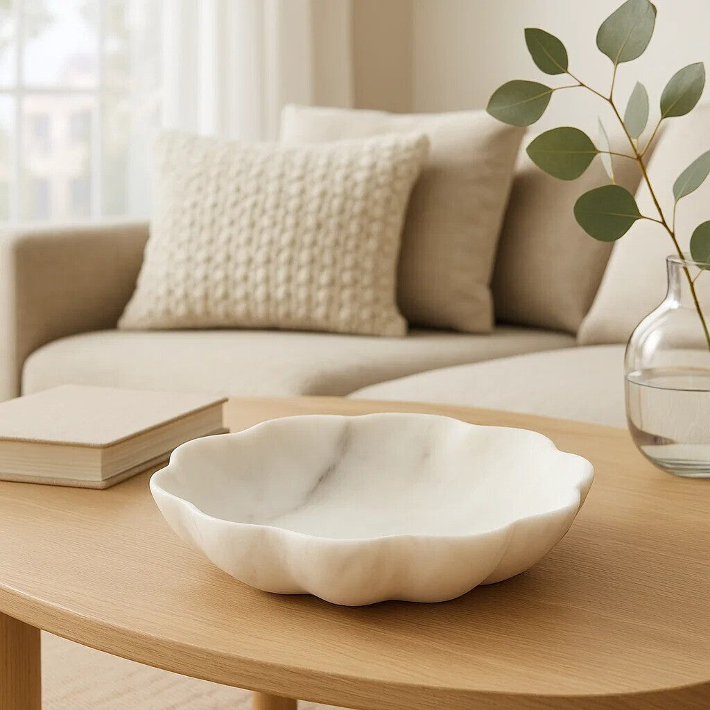 Medium White Marble Scalloped Bowl