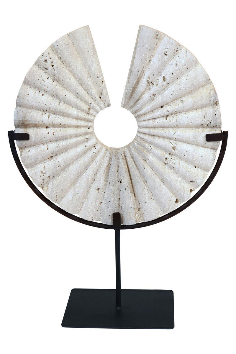 Travertine Ridged Disc Sculpture with Black Metal Base