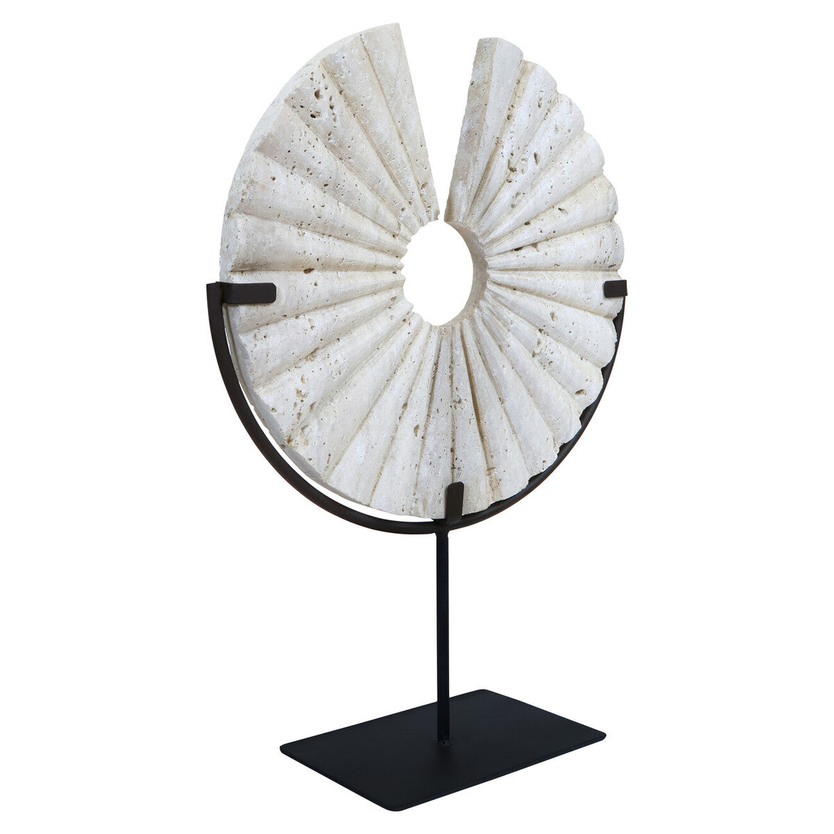 Travertine Ridged Disc Sculpture with Black Metal Base